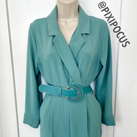 ZARA LONG BELTED JUMPSUIT TURQUOISE BLUE - Picture 7 of 13